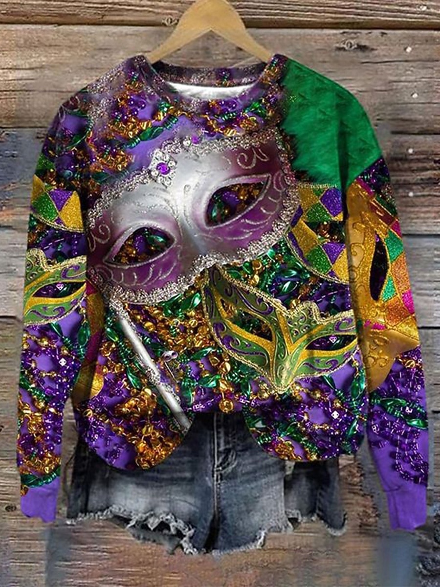 Carnival Kobieca Bluza Pulower Graficzna Casual Długi Rękaw Okrągły Dekolt Standardowe Bluzki Casual Uliczne Codzienne Wzór Czarny Fioletowy Zielony Jesień Zima 2026 - $28.99 –P1