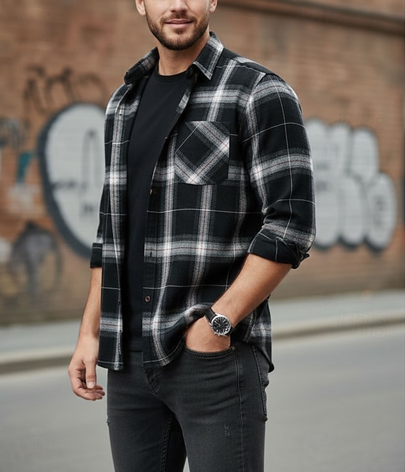 Men's Shirt Flannel Shirt Plaid Shirt Button Up Shirt Overshirt Plaid / Check Outdoor Daily Wear Blue Black Red Gray Long Sleeve Lapel Spring &  Fall Clothing Apparel 2026 - $27.99 –P2