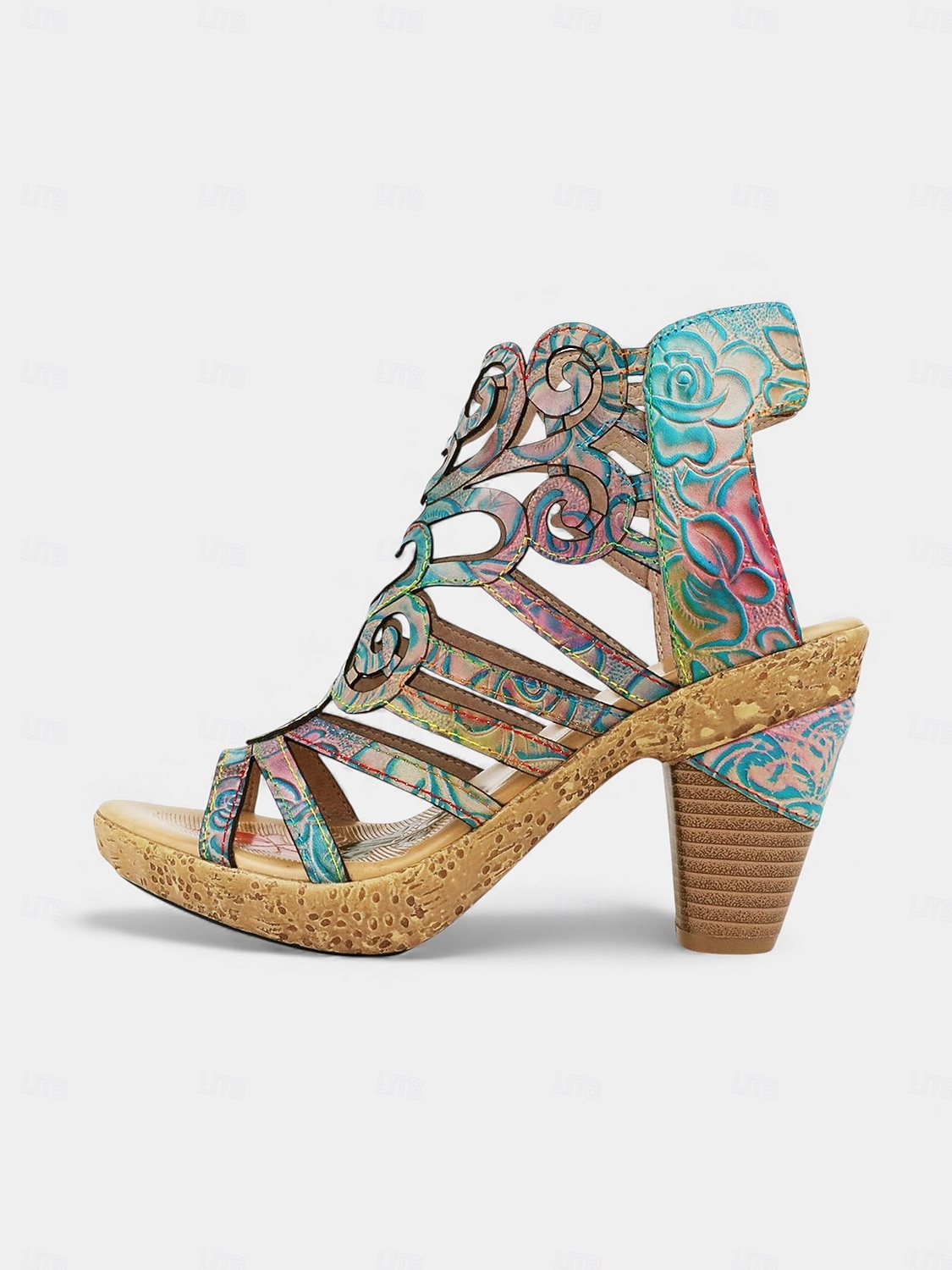 Bunte Damen-Sandalen aus Rindsleder mit lasergeschnittenem Blockabsatz und Klettverschluss im Boho-Gladiator-Stil für Gartenpartys, Festivals und besondere Anlässe. 2026 - $84.99 –P8