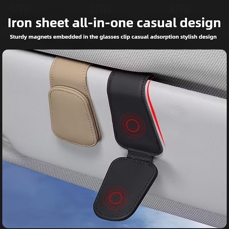 2 st magnetiska solskyddsglasögonhållare i PU-läder med kortplats - enhandsmanövrering, lämplig för förarsidans interiörtillbehör, grå &svart enkelt snäppfäste med ett klick 2026 - $15.99 –P2