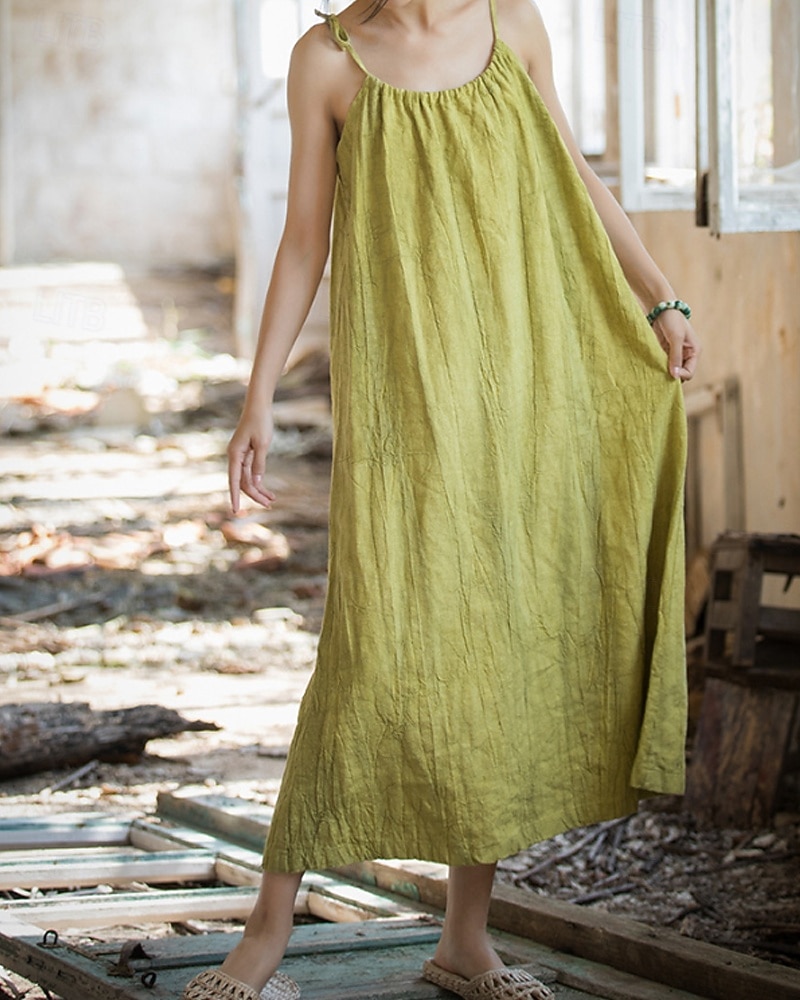 Women's Midi Dress Cotton Linen Dresses Shift Dress Sundress Slip Dress Vintage Fashion Daily Outdoor Vacation Loose Fit Plain Sleeveless Straps Blue Teal White Yellow Summer Spring 2026 - $49.99 –P15
