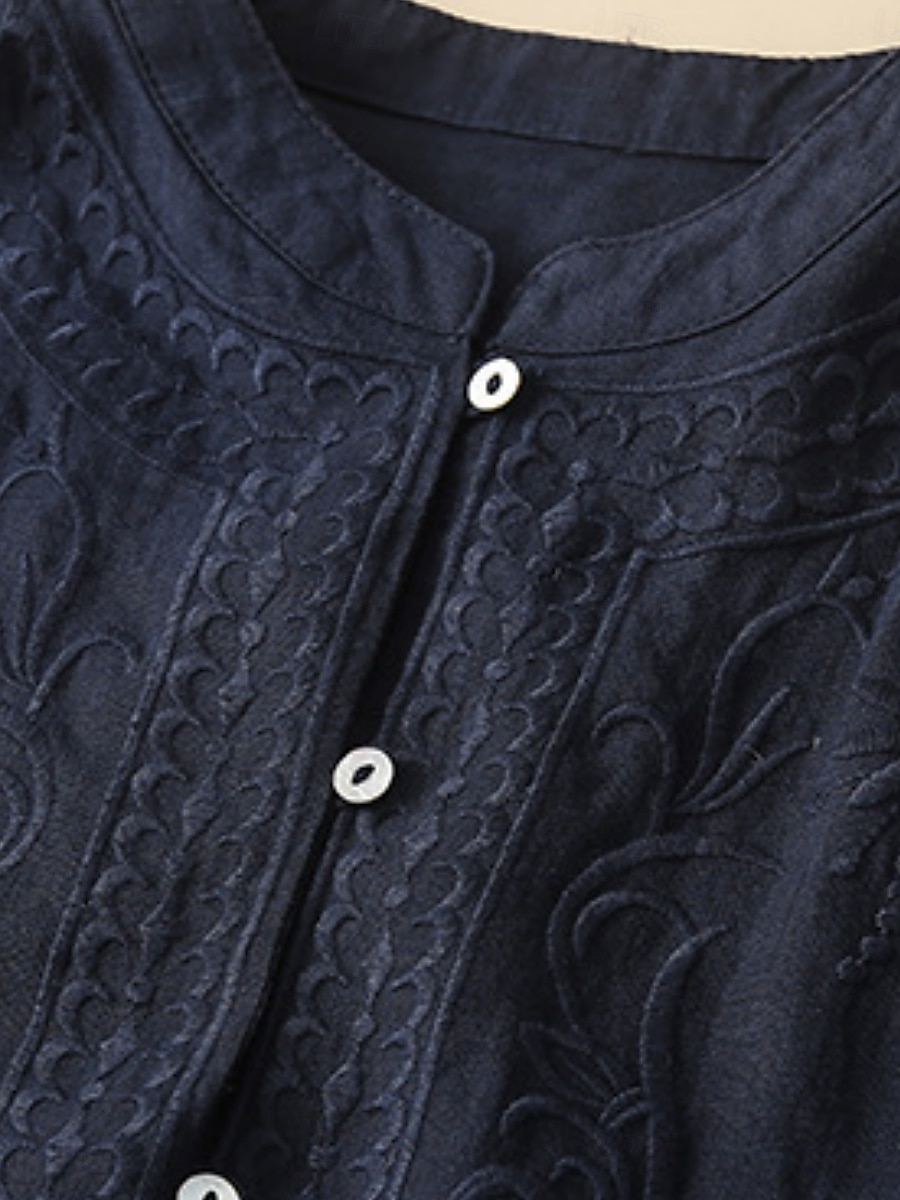Mulheres Blusa Linho de algodão sintético Bordado Botões Côr Sólida à moda Básico Casual Manga Longa Gola Alta Tops regulares Diário Branco Azul Marinha Verão Primavera de 2026 por $31.99 –P6