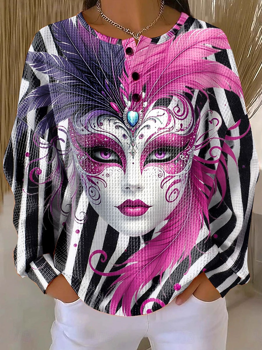 Carnival Women's Pullover Sweatshirt Graphic Striped Abstract Warm Classic Casual Long Sleeve Crew Neck Regular Tops Casual Street Dailywear Buttons Print Blue Yellow Pink Purple Green Spring 2026 - $28.99 –P4