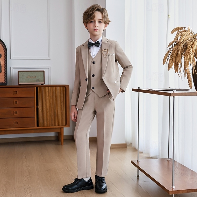 Costume de garçon d'honneur 6 pièces avec blazer &gilet & pantalon  & chemise  &Costume garçon avec cravate, élégant et décontracté, idéal pour les fêtes en extérieur. Couleur unie, noir, kaki, gris, de 2026 ? $77.99 –P1