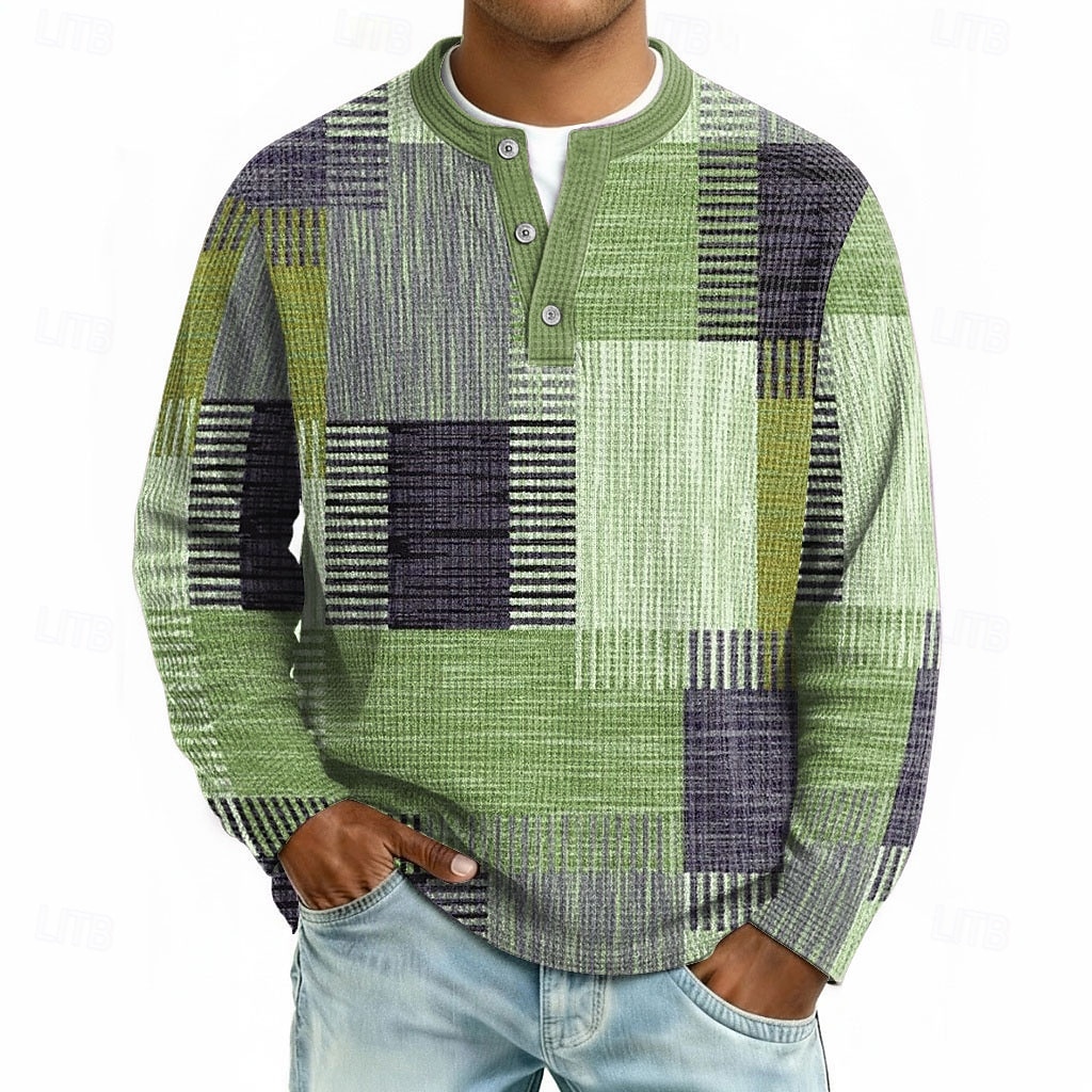 Herren Geometrisch Patchwork Waffel-Henley-Hemd Lässiger Stil Klassicher Stil Langarm Mode Designer Basic Lässig Täglich Outdoor Herbst Frühling & Herbst Blau Grau Grün Khaki Henley Henley T-Shirt 2026 - $25.99 –P3