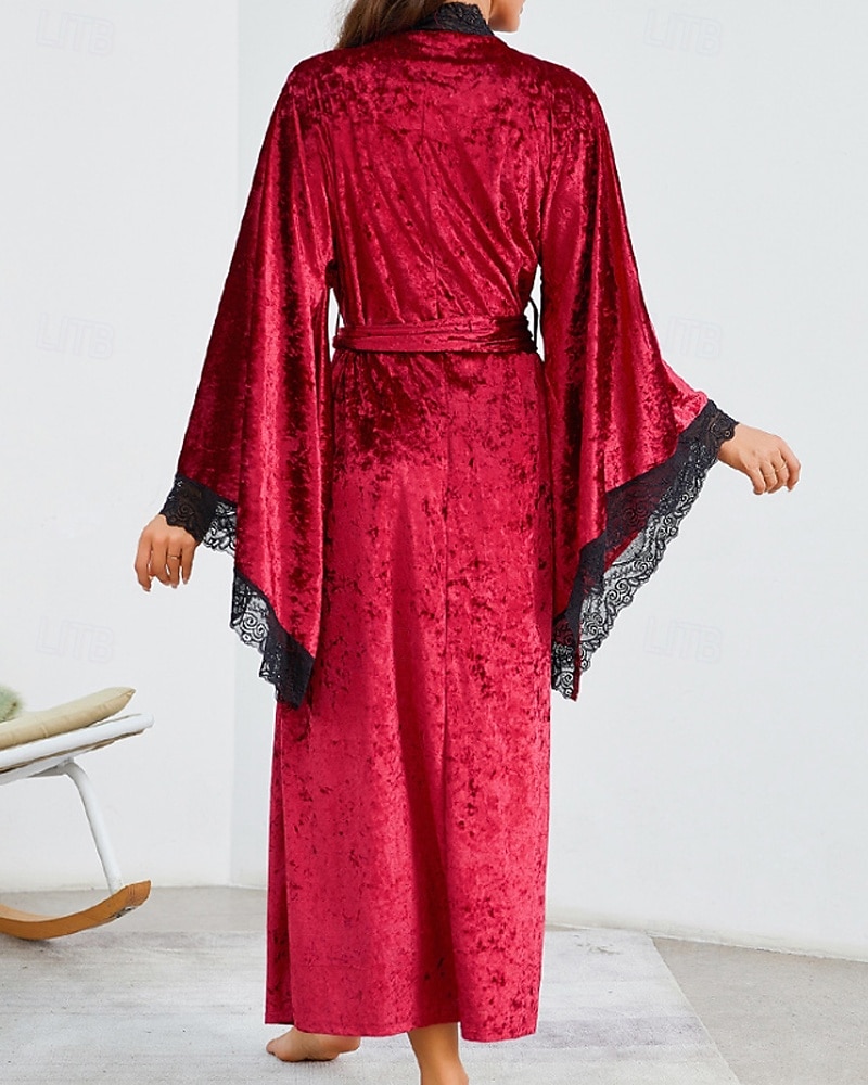 Women's Robe Casual Soft Satin Pure Color Lace Patchwork Daily Home Bed Long Sleeve V Neck Black White Wine Summer Spring Loose Fit 2026 - E£2245.39 –P5