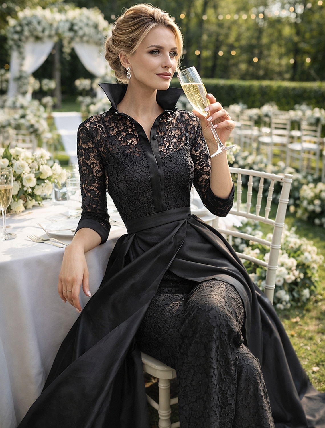 Pantaloni Lungime Podea Rochie Mama Miresei Lungime Manșon 3/4 Guler Cămașă Epocă Petrecere Oficial Invitat la nunta Seară Formală Satin Dantelă cu Ruching 2026 - $206.99 –P2
