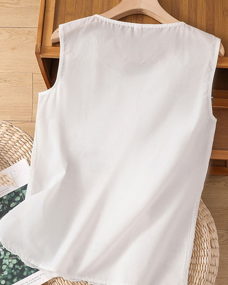 Жен. Летние вершины Блуза Искусственный хлопок и лен Рюши Пэчворк Вышивка Сплошной цвет Элегантный стиль Дамы Стиль Без рукавов U-образный вырез Обычные топы Повседневные Офис На выход 2026 - $21.99 –P9