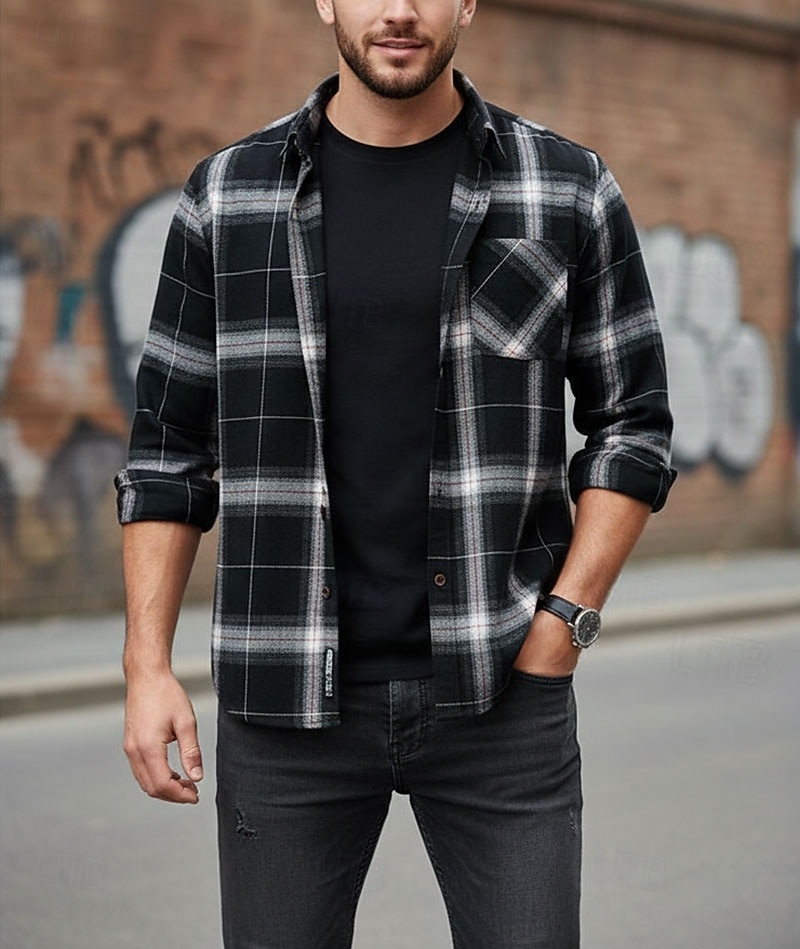 Men's Shirt Flannel Shirt Plaid Shirt Button Up Shirt Overshirt Plaid / Check Outdoor Daily Wear Blue Black Red Gray Long Sleeve Lapel Spring &  Fall Clothing Apparel 2026 - $27.99 –P1