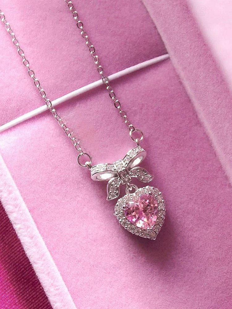 damski naszyjnik ze stopu metali w kształcie serca z kokardką, dostępny w kolorze białym i różowym, idealny na Walentynki 2026 - $11.99 –P4