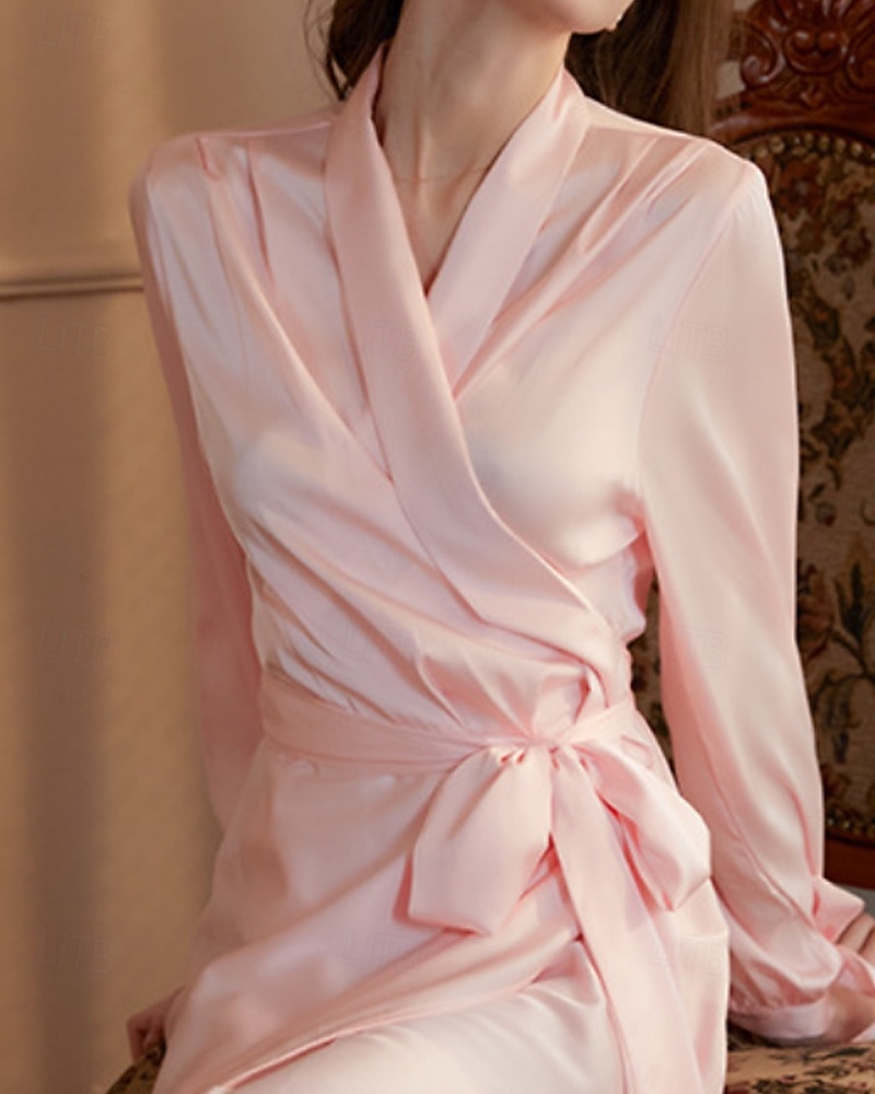 Dámské Župan Na běžné nošení Měkké Satén Čistá barva Nabírané šaty Šněrování Denní Domů Postel Dlouhý rukáv Do V Černá Bílá Šampaňská Světlá růžová Fialová Léto Jaro Běžný 2026 - $54.99 –P5