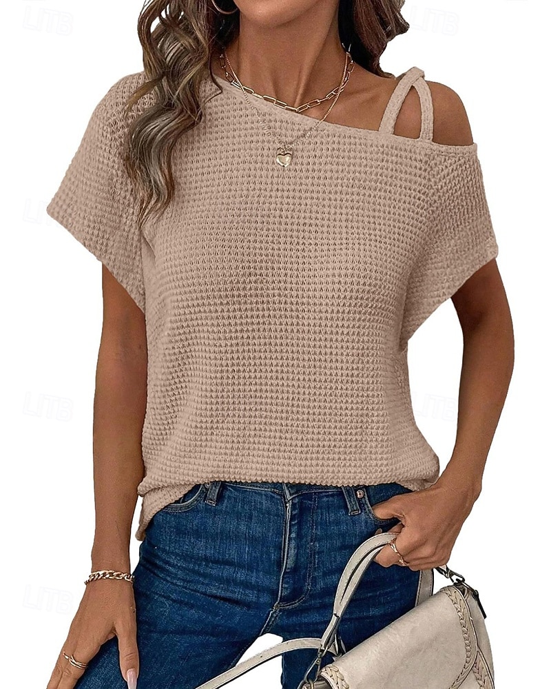 Mujer Camiseta Color sólido Vintage Elegante Manga Corta Cuello asimétrico Tops regulares Diario Noche Fin de semana Negro Blanco Rosa Caqui Verano Primavera 2026 - $25.99 –P13