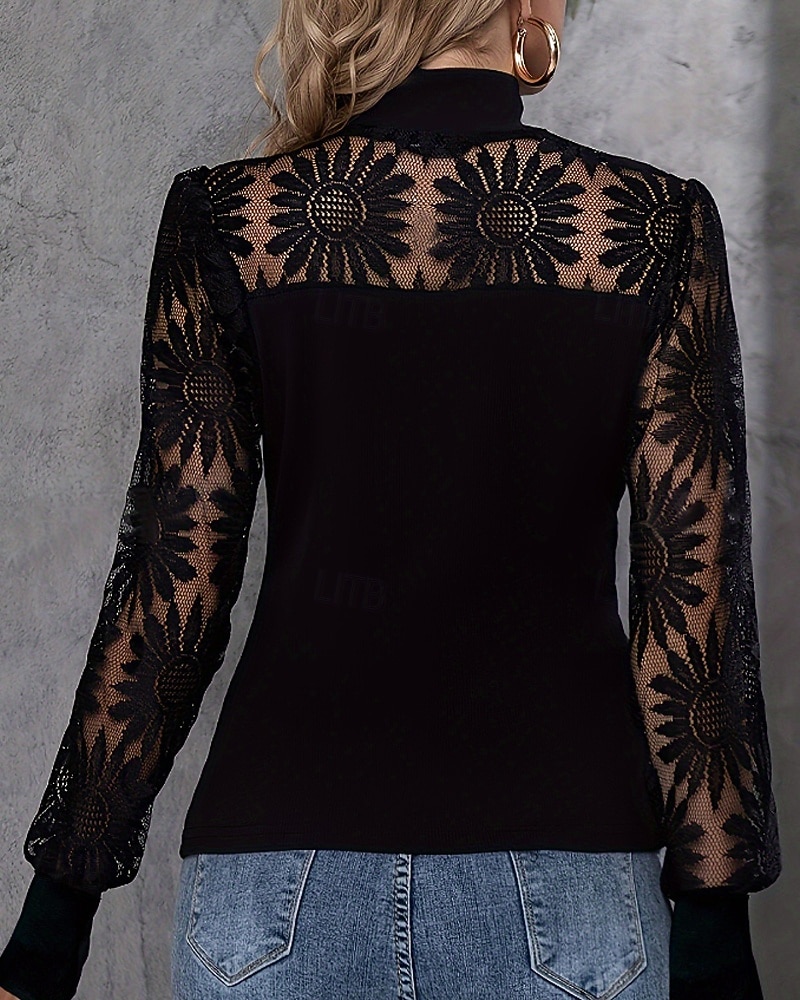 Damskie Bluzka Bluzki koronkowe Koronka Niejednolita całość Równina Zabytkowe Elegancki Długi rękaw Wysoki Zwykłe topy Codzienny Święto Wyjściowe Czarny Lato Jesień 2026 - $22.99 –P6