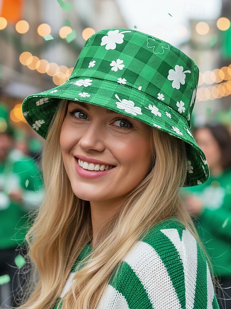 Sombrero de pescador de poliéster para mujer, con trébol y duende del Día de San Patricio, varios patrones, perfecto para el Día de San Patricio y para uso diario. 2026 - $11.99 –P2