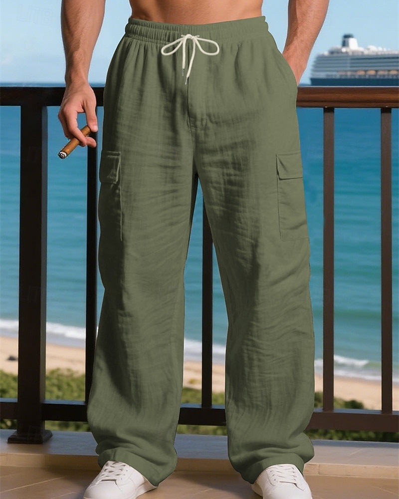 Miesten Pellavahousut Housut Kesähousut Roikkuvat housut Rantahousut Kurenauha Joustava vyötärö Yhtenäinen väri Mukavuus Hengittävä Päivittäin ulko- Hiekkaranta Loma Muoti Musta Valkoinen 2026 - $26.99 –P15