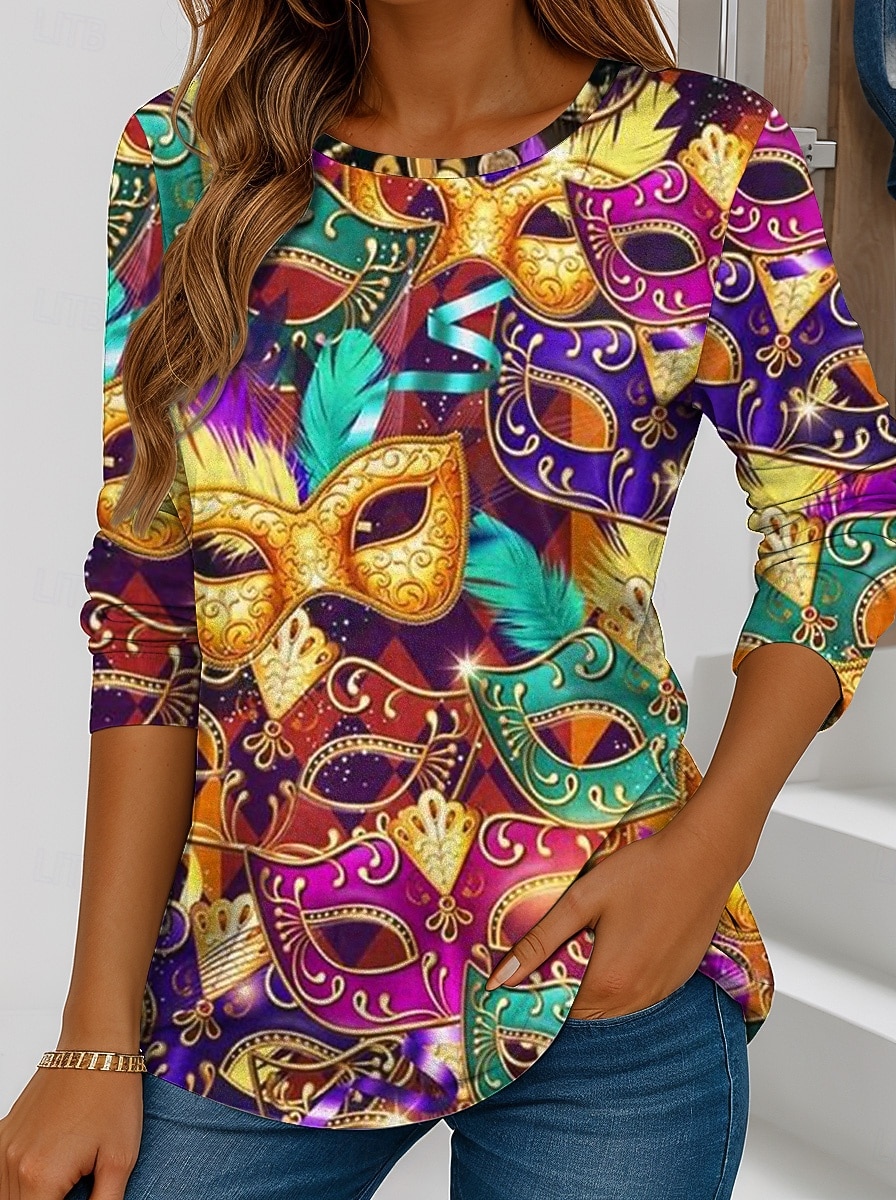 T-shirt da Donna Carnival Grafica Geometrica Vintage Elegante Classica Maniche Lunghe Collo Giro Regular Tops Stampa Quotidiana Weekend Giallo Verde Scuro Viola Primavera Autunno del 2026 a $24.99 –P3