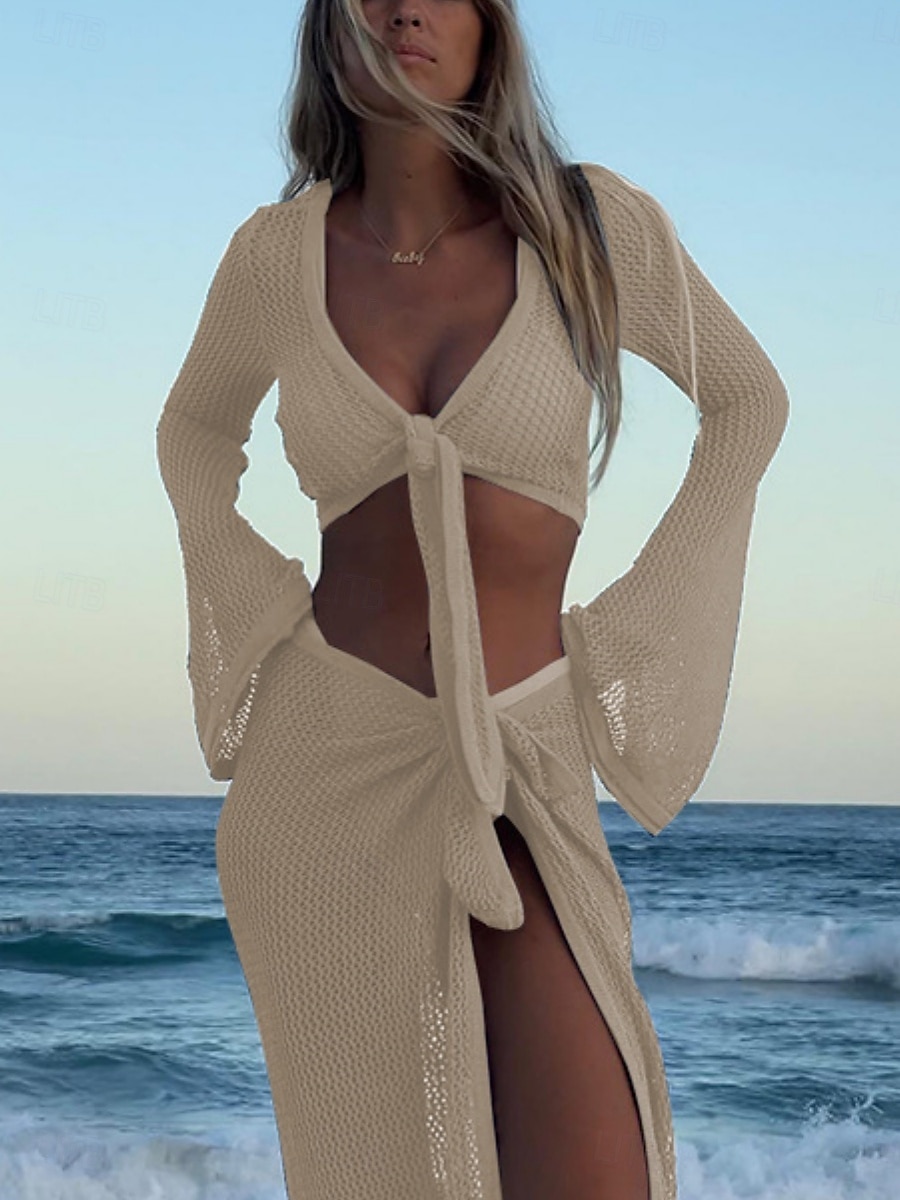 Жен. Купальники Накидка 2 шт. купальник Трикотаж Отпуск Одежда для пляжа Сплошной цвет V-образный вырез Длинный рукав Купальники 2026 - $41.99 –P11