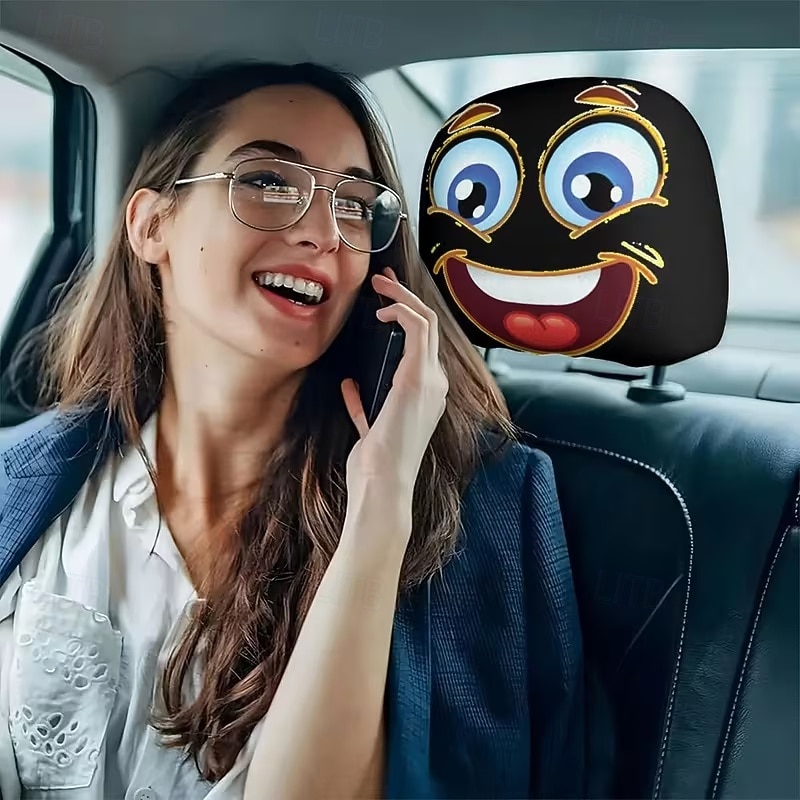 2pcs Cartoon Big-Eyed Face Printed Car Headrest Covers, Interior Decoration, Universal Fit, Washable, Easy to Install, Suitable for Long Trips Or Road Trips, Perfect Quirky Car Decoration 2026 - Kč154 –P21