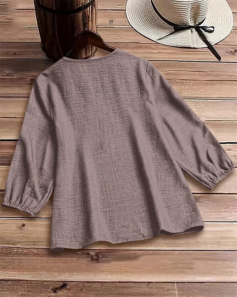 Mulheres Blusa Tops elegantes Linho de algodão sintético Franzido Patchwork Zíper Côr Sólida Tecido Elegante senhoras à moda Manga 3/4 Decote V Tops regulares Diário Trabalho Para Noite Preto Camelo de 2026 por $21.99 –P3