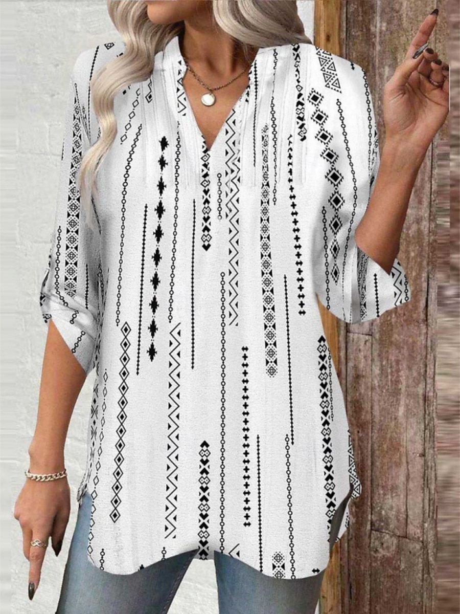 Dame Bluse Trykt mønster Nyanse Blomstret Grafisk Stilfull Fritid Langermet V-hals Vanlige topper Daglig Blå Svart Hvit Rosa Navyblå Sommer Vår Høst 2026 - $27.99 –P2