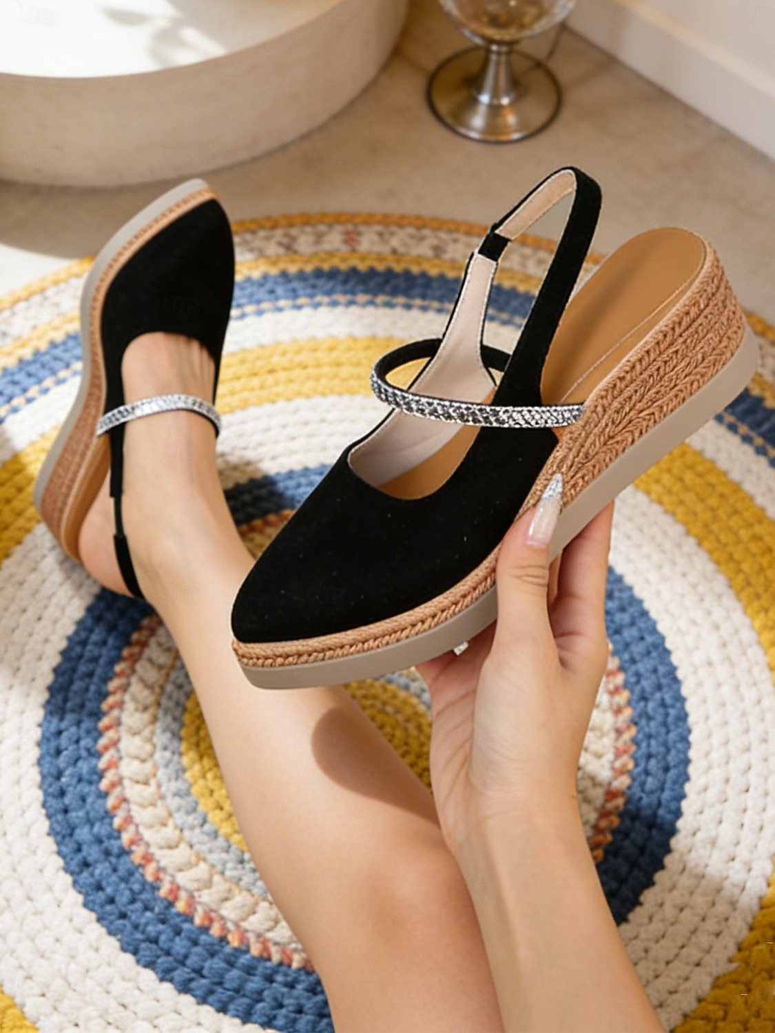 Schwarze Slingback-Keilsandalen für Damen – bequeme Espadrille-Sandalen mit Strassriemen, perfekt für Urlaub, Strand und lässige Sommerausflüge 2026 - $29.99 –P4