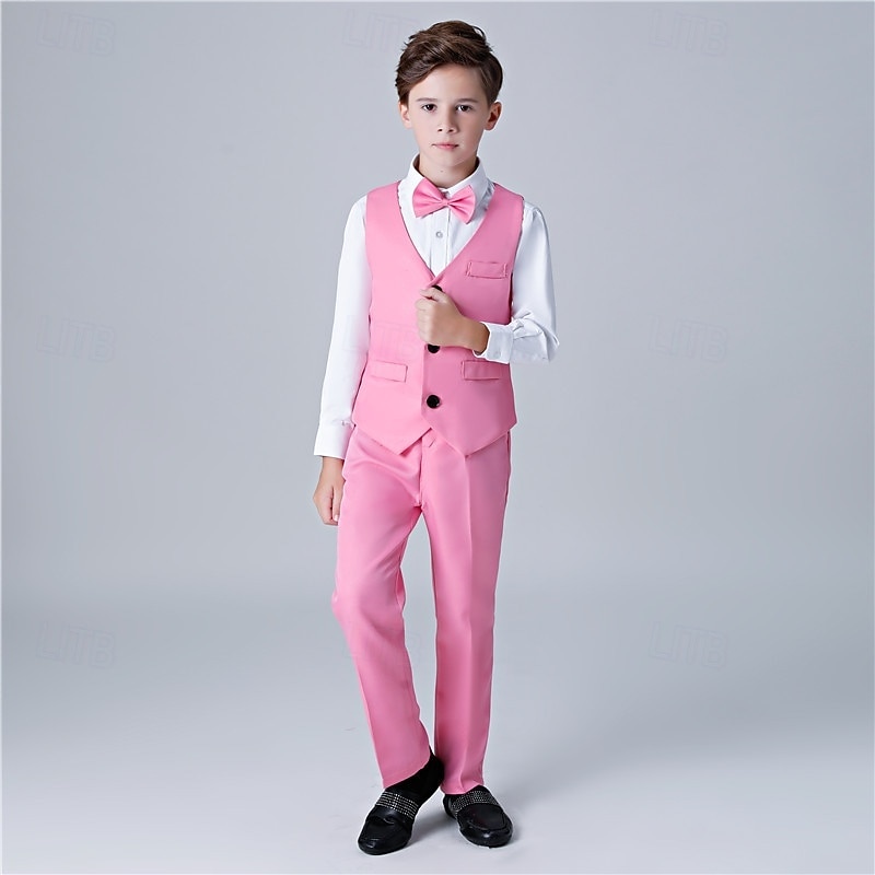 Costume de garçon d'honneur 4 pièces avec gilet & chemise  &Pantalon garçon, costume habillé décontracté, tenue de soirée tendance pour les fêtes en extérieur, basique et élégant, couleur unie bleu, de 2026 ? $33.99 –P10