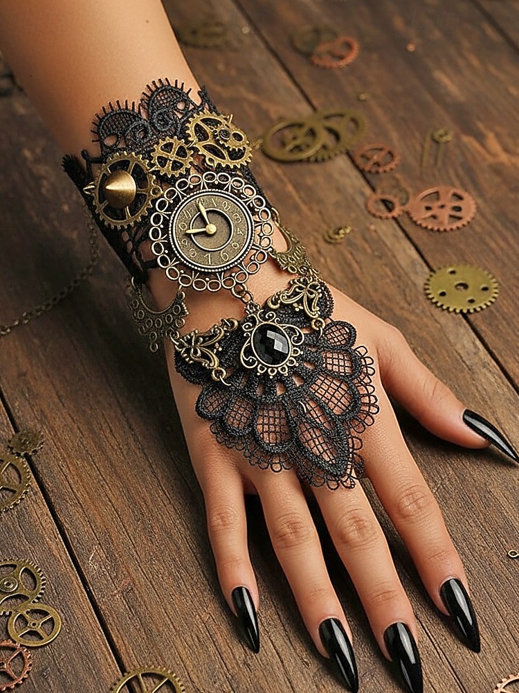 Damenschuhe Mardi Gras Steampunk viktorianische Spitzen-Handschuhe ohne Finger - Legierungs-Uhren- und Zahnräder-Zubehör für Karneval  Halloween-Kostüm 2026 - $14.99 –P4
