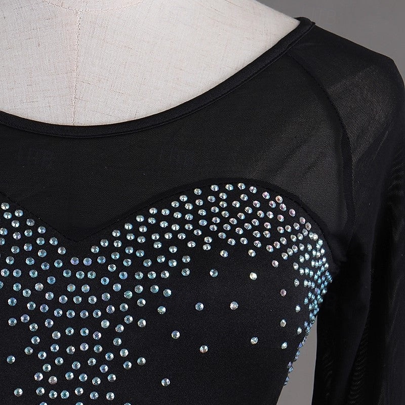 Women's Black Rhinestone Latin Dance Dress - Long Sleeve Mesh Ruffled Asymmetrical Ballroom Performance Dress 2026 - $150.99 –P9