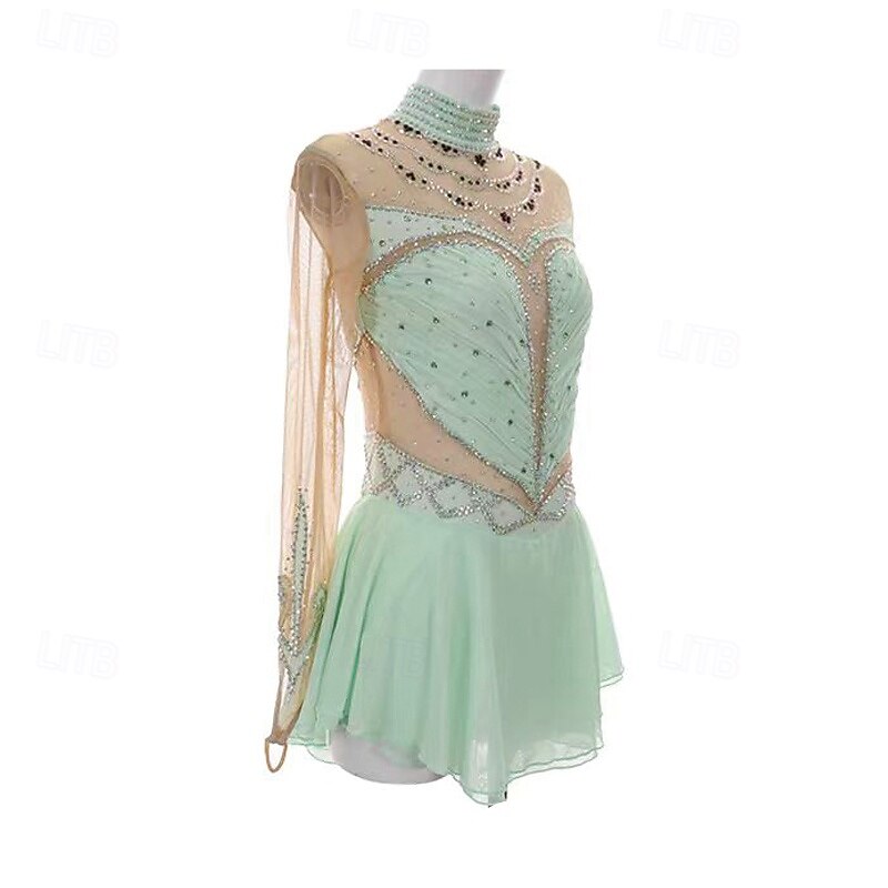 Kunstschaatsjurk Dames Voor meisjes Schaatsen Jurken Groen Lapwerk Duimopening Spandex Netstof Rekbaar Opleiding Oefenen Professioneel Kunstschaatskleding Thermisch Warm Kristal / Bergkristal Lange 2026 - $344.29 –P5