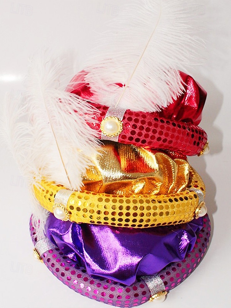 2026年 男性用カーニバルプリンススパンコールターバンキャップ | 多色、ポリエステル、羽根とパールアクセント付き | 仮装、ハロウィーン、祝祭のイベントに最適  コレクション – $11.99 –P7