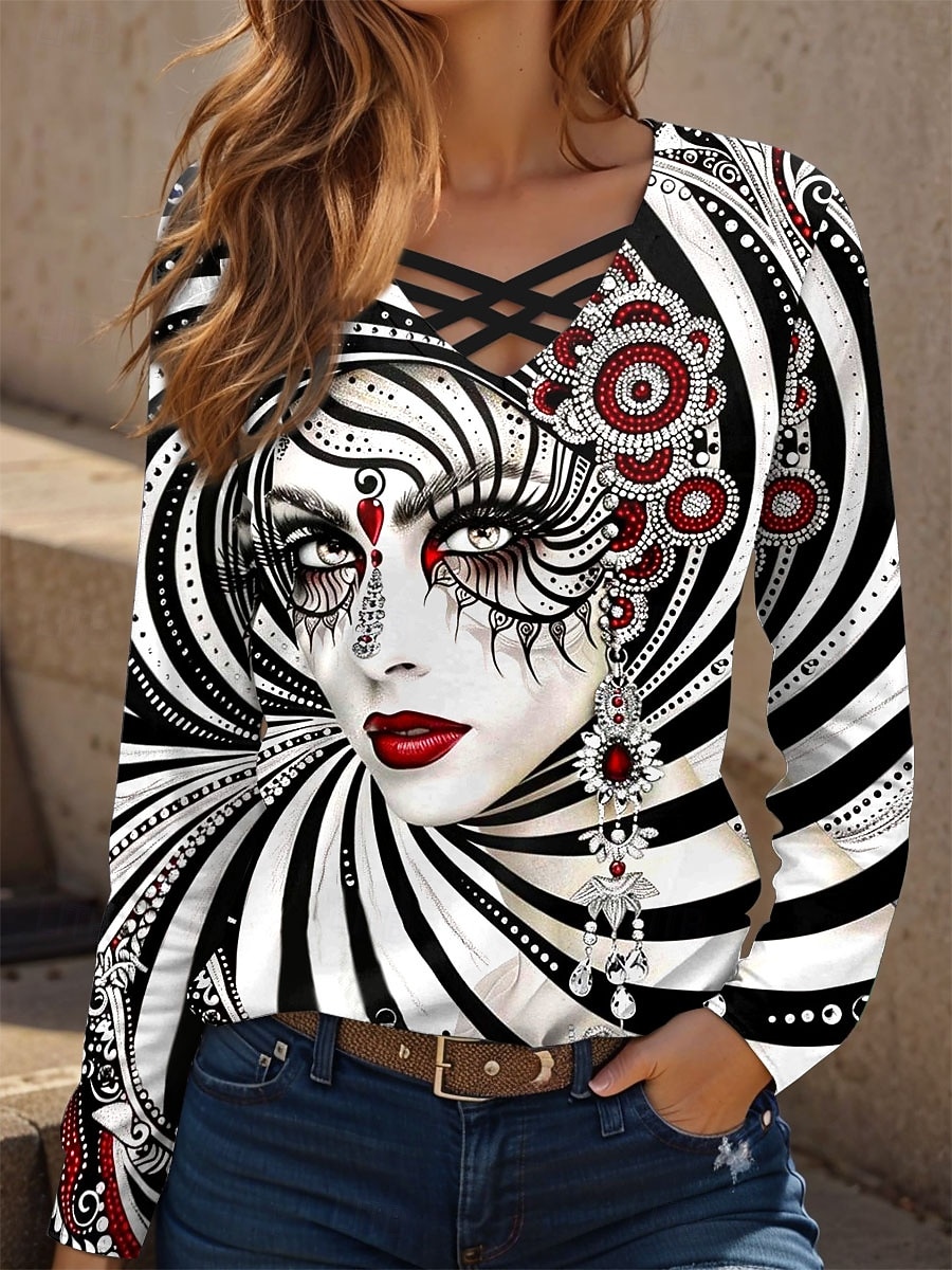 Karnawał Mardi gras Damskie Podkoszulek Z wycięciem Nadruk Graficzny Abstrakcja Zabytkowe Elegancki Klasyczny Długi rękaw W serek Zwykłe topy Codzienny Czarny Zielony Wiosna Jesień 2026 - $24.99 –P1