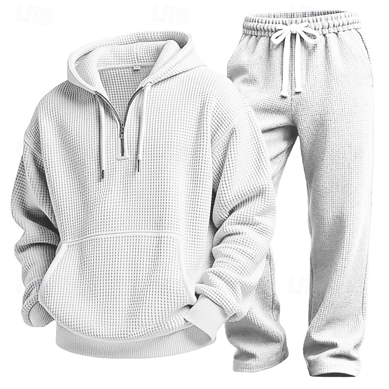 Homens Moletom Moletons Waffle Moletom com capuz e calças Conjunto Capuz Diário Ao ar livre Férias Roupa Diária Com Cordão Half Zip Tecido Vermelho Vinho Preto Branco Roupas Esportivas Esportes Moda de 2026 por $60.99 –P11