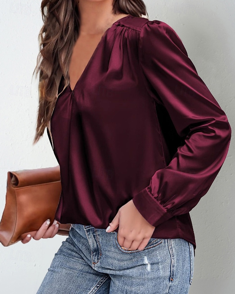 Women's Shirt Elegant Satin Top Blouse Ruched Plain Vintage Stylish Long Sleeve V Neck Regular Tops Holiday Going out Black White Wine Apricot Summer Spring 2026 - E£1572.44 –P4