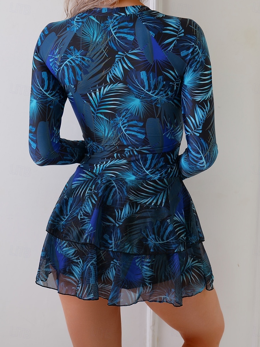 Dam Badkläder Tankini 2 st Kjol Baddräkt Magkontroll Hög midja Smal Elegant Semester Blommig Rund hals Långärmad Baddräkter 2026 - $36.99 –P9