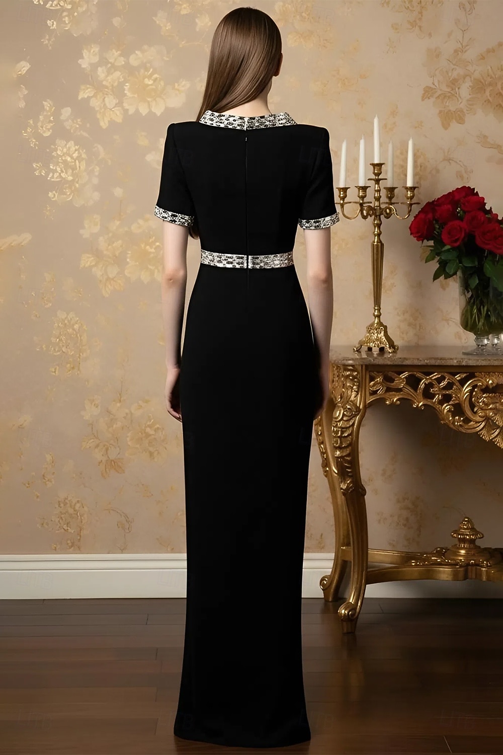 Coloană Teacă Lungime Podea Rochie formala Rochie de seara Rochii de seara Elegant Epocă Rochie Neagră Mică Manșon scurt Stil Nautic Nuntă Oficial Polyester cu Detalii Cristal Mărgele 2026 - $195.99 –P2