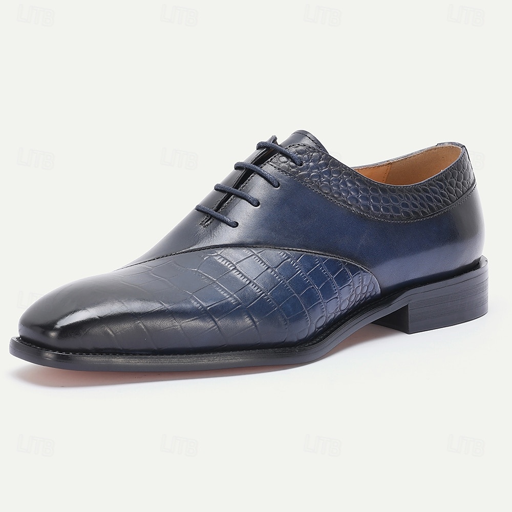 Sapatos derby masculinos em couro azul com estampa de crocodilo – design luxuoso com fivela e acabamento premium, ideais para ocasiões formais, casamentos e uso no escritório. de 2026 por $94.99 –P3