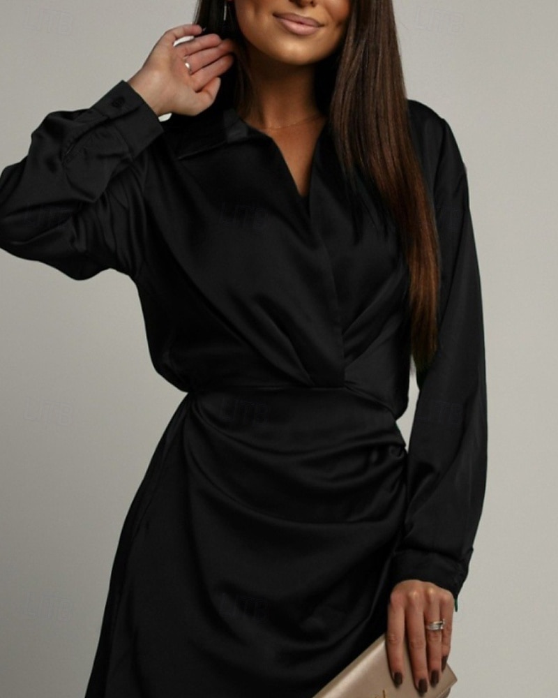 Femmes Mini Robe Robe en Satin Robe Chemise Robe froncée Moderne Quotidien Sortir Week-end Coupe régulière Uni manche longue Col de chemise Noir Vert foncé Marron Rose rouge Printemps Automne de 2026 ? $31.99 –P3