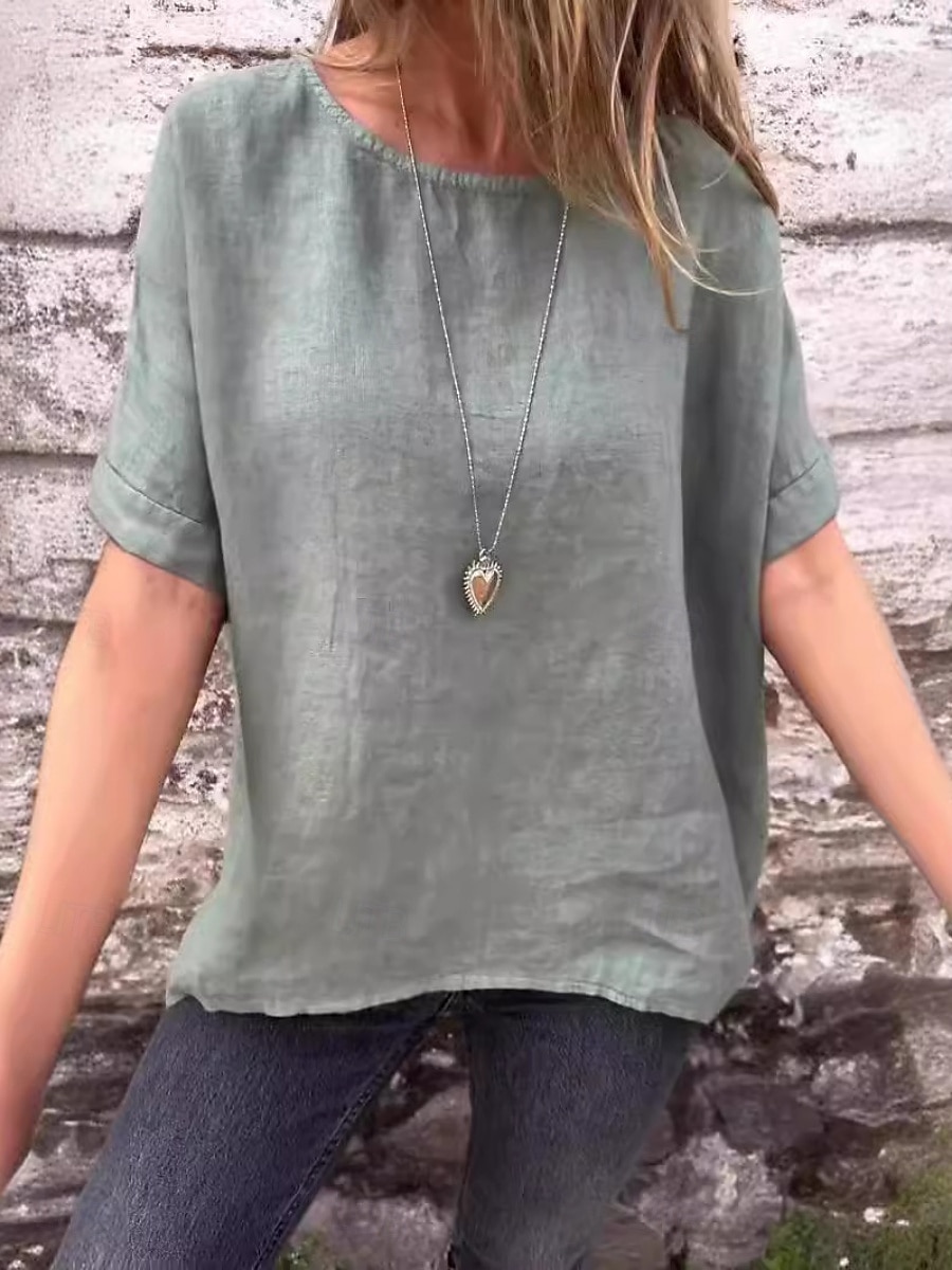 Mujer Blusa Lino de algodón sintético Color sólido Elegante Casual Media Manga Escote Barco Tops regulares Diario Blanco Amarillo Verde Trébol Verano Primavera 2026 - $21.99 –P1