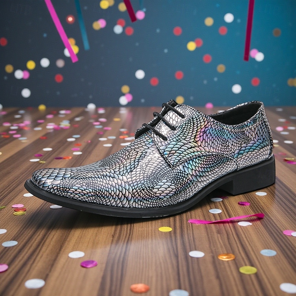 Männer Mardi Gras farbenfrohe schillernde Schlangenprint Anzugschuhe metallic grün und lila Schnürdesign stylisch und mutig ideal für Karneval und festliche Feiern 2026 - $59.99 –P6