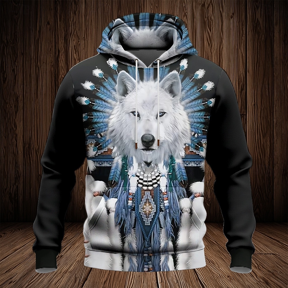 Per uomo Lupo Tribale Felpa con cappuccio Felpa Moda Etnico Vintage Retrò Manica Lunga Girocollo All'aperto Viaggio Feste Regalo Blu Marrone Coulisse Autunno Inverno progettista S M L XL XXL XXXL del 2026 a $32.99 –P2