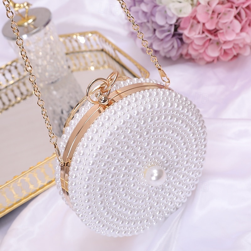 Women's Wallet Evening Bag Evening Bag Coin Purse Leather Party Wedding Party Pearls Solid Color Gold / White Almond 2026 - $42.99 –P8