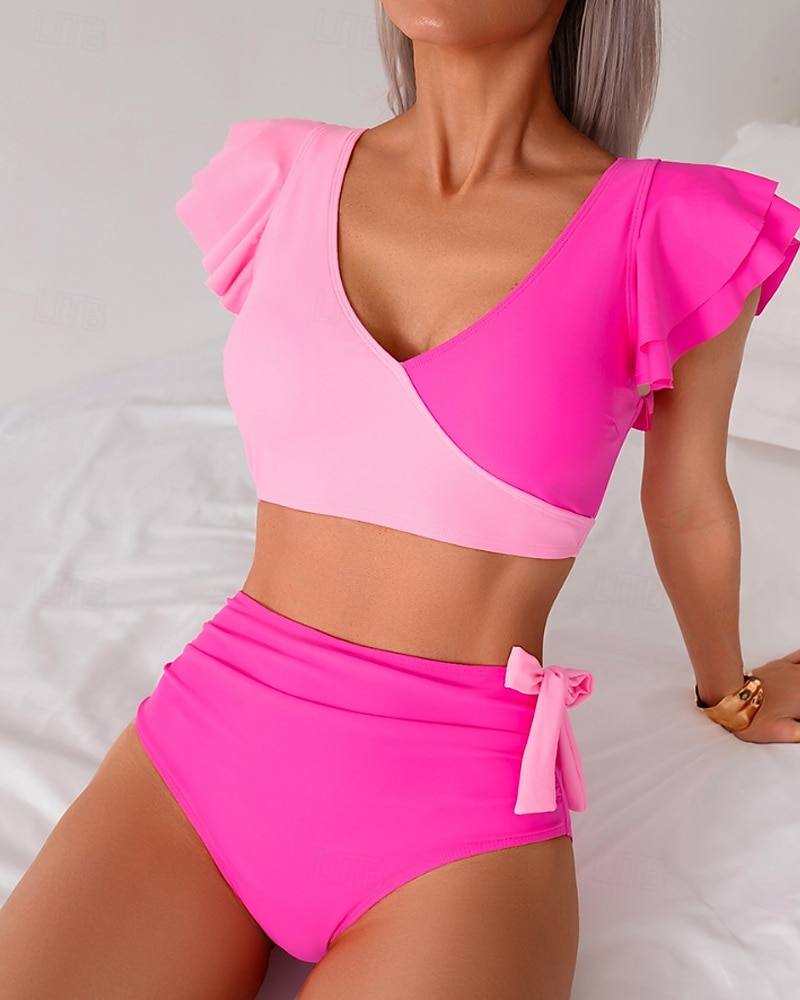 Γυναικεία Μαγιό 2 κομμάτι Προκλητικό Μαγιό Σουρωτά Κουρελού Εξώπλατο Διακοπές Ρούχα παραλίας Συνδυασμός Χρωμάτων Λαιμόκοψη V Αμάνικο Μαγιό 2026 - $25.99 –P10