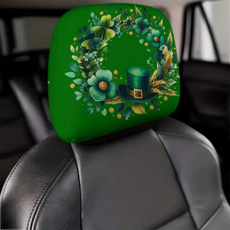 2 capas de encosto de cabeça para carro com trevo verde | compatíveis com todos os veículos, pretas &Adesivo para carro com estampa de trevo verde, design plano 2D, poliéster, fácil instalação - de 2026 por $7.99 –P18