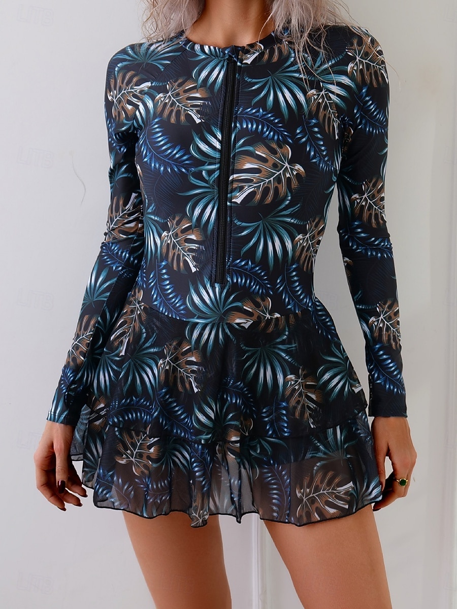 Dam Badkläder Tankini 2 st Kjol Baddräkt Magkontroll Hög midja Smal Elegant Semester Blommig Rund hals Långärmad Baddräkter 2026 - $36.99 –P1