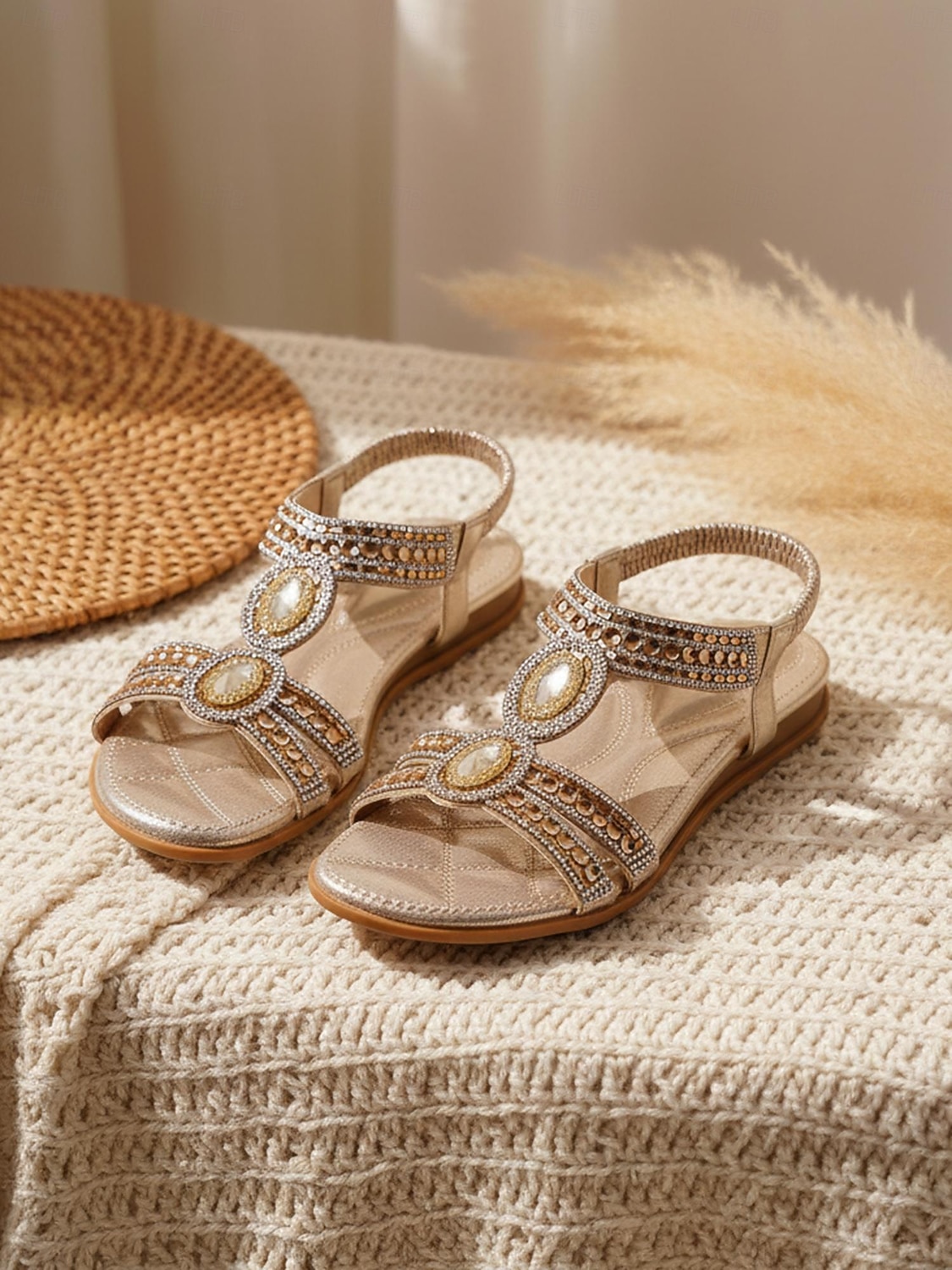 Sandales plates pour femmes ornées de strass dorés – chaussures glamour pour invitées à un mariage sur la plage, sandales bohèmes d'été pour les vacances et les fêtes en station balnéaire &événements de 2026 ? $42.99 –P1