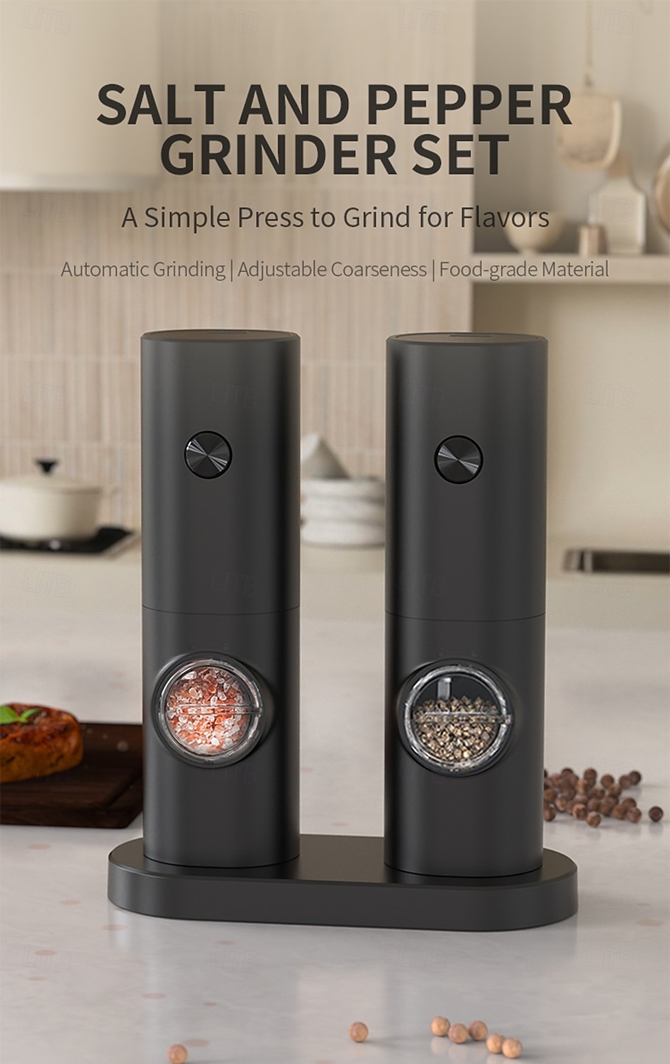 Electric Salt and Pepper Grinder Battery Powered for Convenience (batteries Not Included) Two-pack with Base Practical White LED Light Adjustable Coarseness One-button Operation Stylish Black Fi 2026 - $42.99 –P1