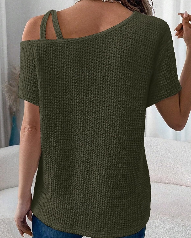 Mujer Camiseta Color sólido Vintage Elegante Manga Corta Cuello asimétrico Tops regulares Diario Noche Fin de semana Negro Blanco Rosa Caqui Verano Primavera 2026 - $25.99 –P12