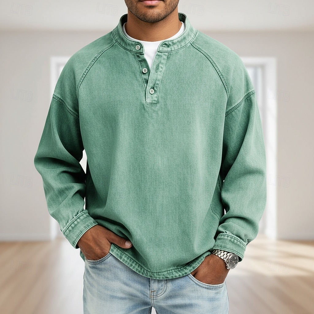SoftFade™ Herrs T Skjorta Henley Skjorta Denim Skjorta 100% Bomull Syra Tvättad Skjorta Tee Topp Lång Ärmd Enkel Vintage Streetwear Avslappnad Färgad Tvättad Raglanärmar Stående Krage Henley Sport 2026 - $31.99 –P2