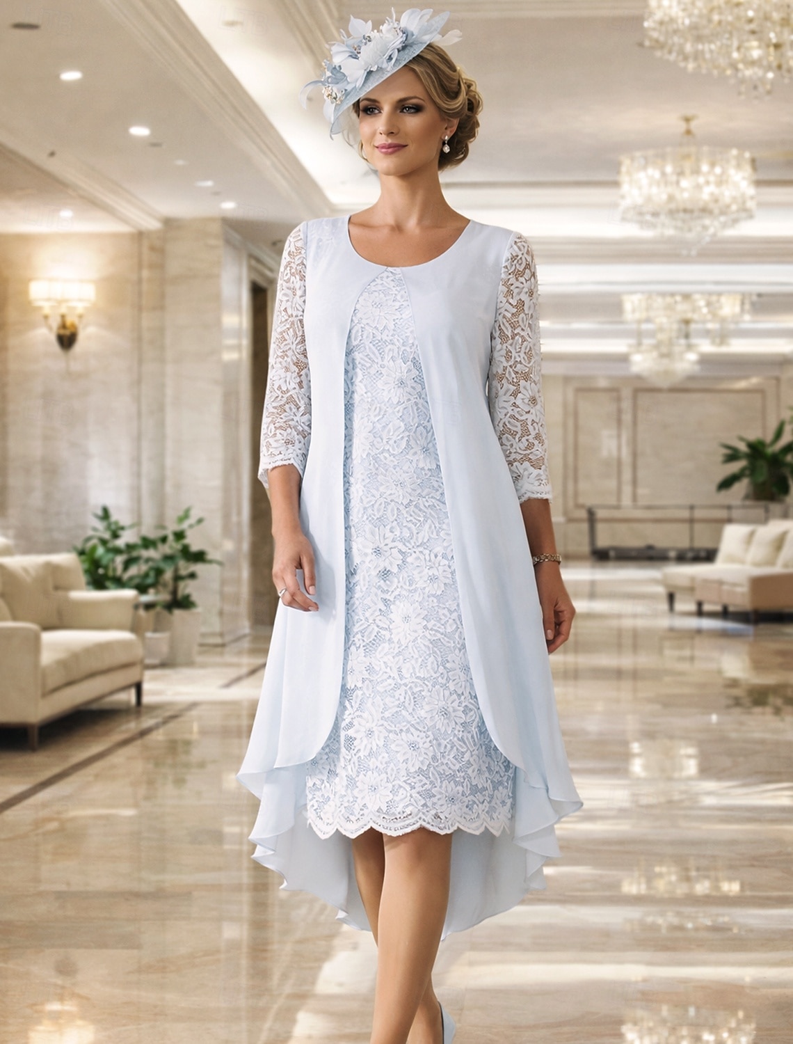 knee length dresses for ladies White A Line Vintage Knee Length 3/4 Sleeve Lace Wedding Dresses, MW248 main image 0