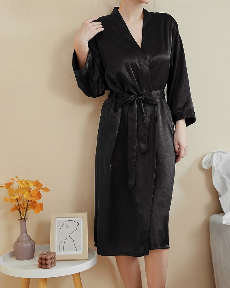 Femmes Robe Occasionnel Doux Satin Couleur Unie Quotidien Maison Lit manche longue Col en V Noir Blanche Vert Claire Rose Claire bleu marine Été Printemps Coupe régulière de 2026 ? $26.99 –P3